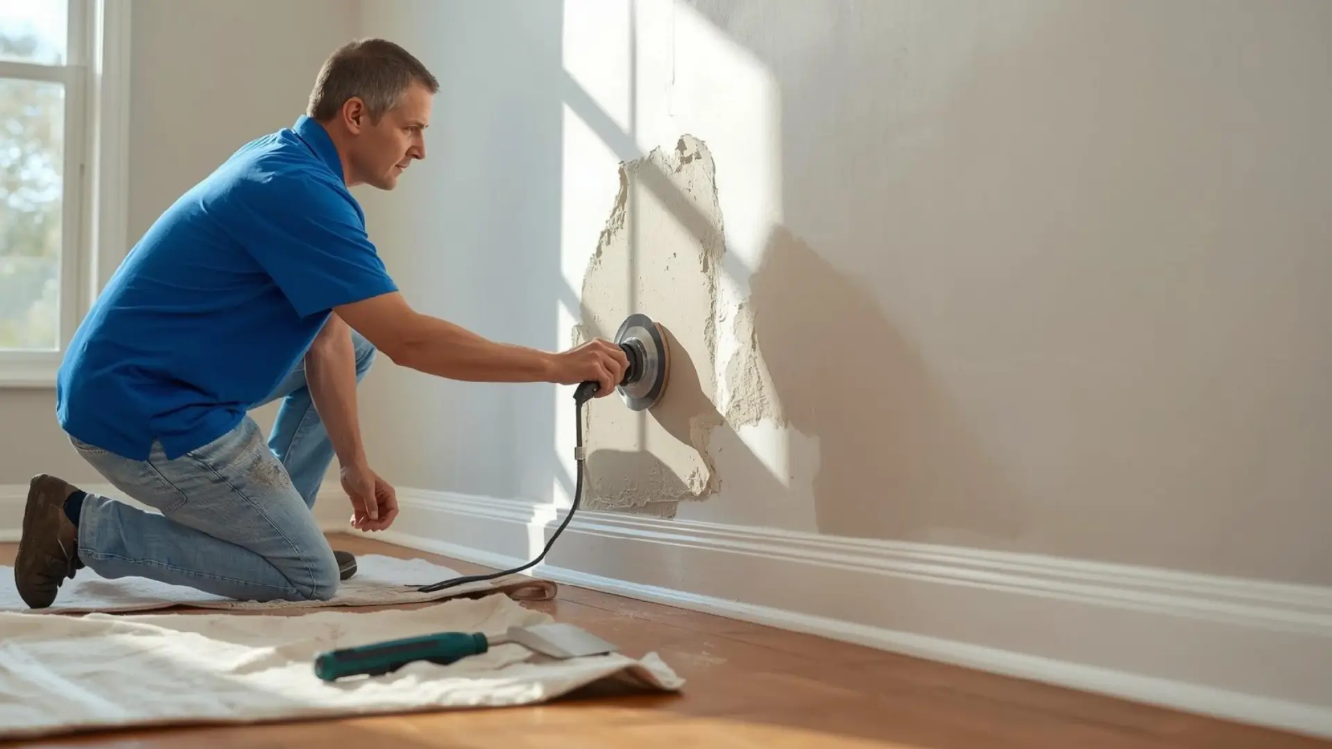 Painter smoothing a patched wall near the baseboard