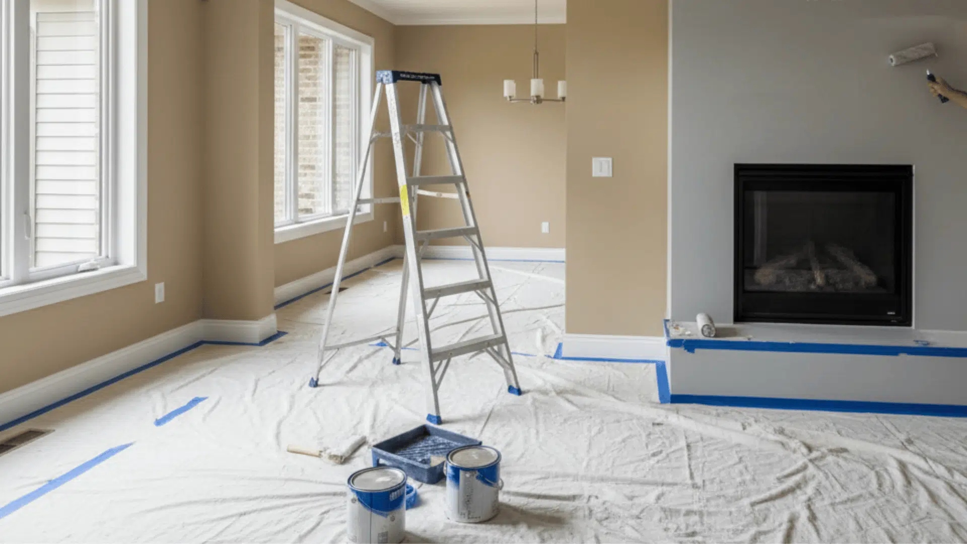 Room prepped for painting with a stepladder, drop cloths and taped trim