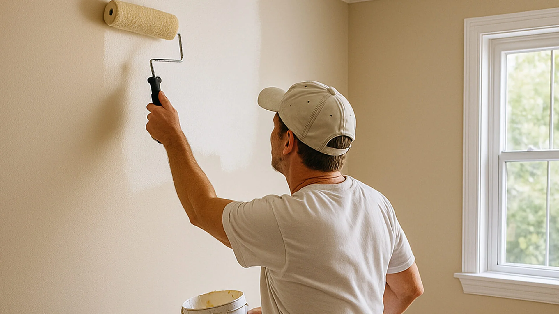 Painter rolling fresh paint onto an interior wall
