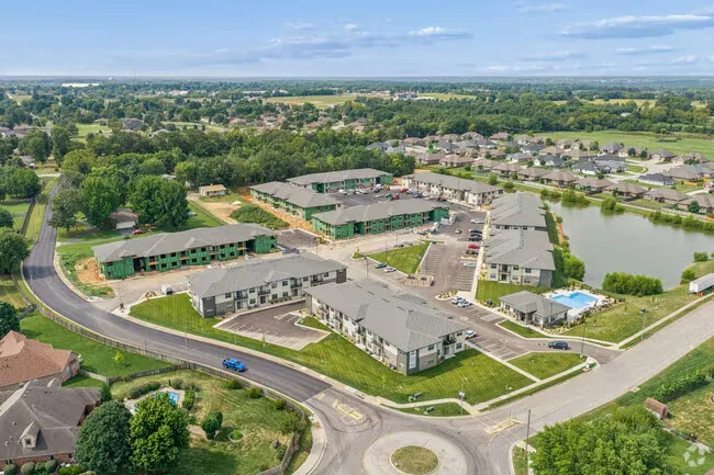 Aerial view of apartments and a roundabout in Christian County, MO