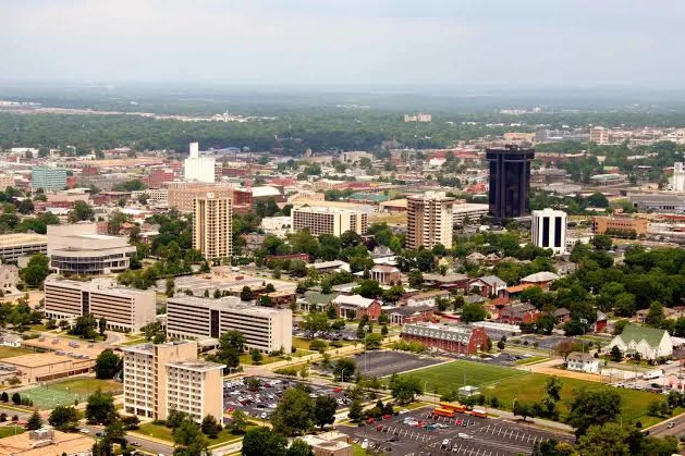 Aerial view of the Springfield skyline in Greene County, MO