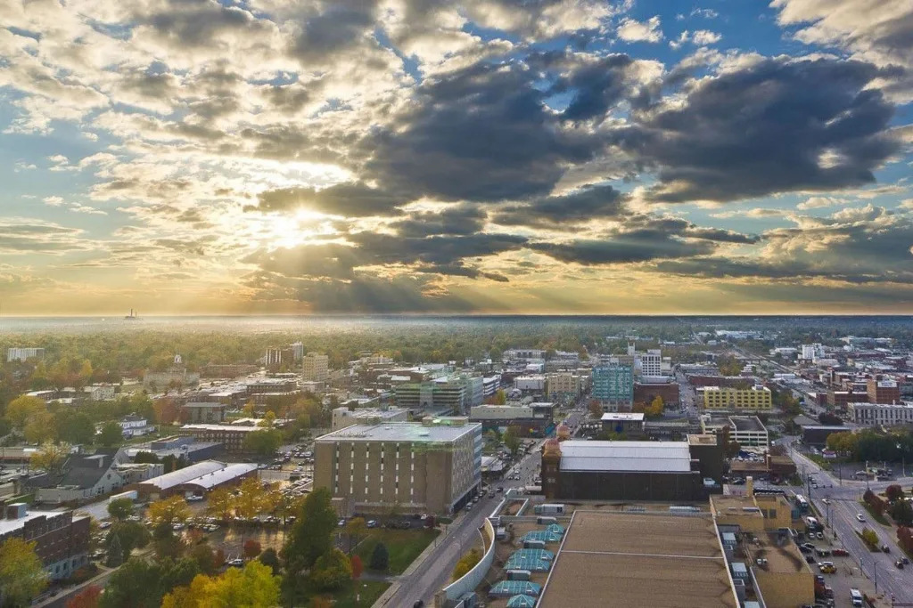 Aerial view of downtown Springfield, MO at sunset